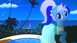 Size: 3840x2160 | Tagged: safe, artist:bastbrushie, derpibooru import, minuette, pony, unicorn, beach, blue sky, cloud, don bluth, palm, palm tree, pixel art, swimming pool, thumbelina, tree