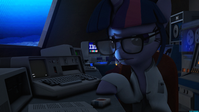 Size: 3840x2160 | Tagged: safe, artist:bastbrushie, derpibooru import, twilight sparkle, pony, unicorn, cigarette, computer, glasses, ibm, keyboard, smoking