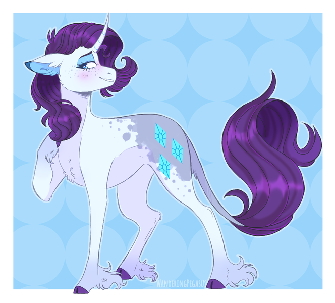 Size: 1134x1024 | Tagged: safe, artist:wanderingpegasus, derpibooru import, rarity, classical unicorn, pony, unicorn, blue background, blushing, cloven hooves, colored hooves, curved horn, digital art, female, hoof on chest, horn, leonine tail, mare, simple background, solo, unshorn fetlocks
