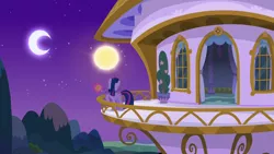 Size: 1920x1080 | Tagged: safe, derpibooru import, screencap, twilight sparkle, twilight sparkle (alicorn), alicorn, pony, between dark and dawn, amulet, balcony, jewelry, moon, night, solo, sun