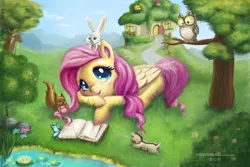 Size: 1024x683 | Tagged: safe, artist:stasushka, derpibooru import, angel bunny, fluttershy, owlowiscious, bird, chipmunk, deer, owl, pegasus, pony, squirrel, angelbetes, book, cute, female, flower, fluttershy's cottage, folded wings, lilypad, looking up, mare, open mouth, outdoors, pond, prone, scenery, shyabetes, sitting on head, smiling, tree, wings