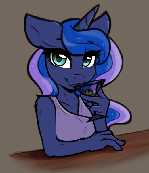 Size: 963x1115 | Tagged: alcohol, alicorn, anthro, artist:arjinmoon, bust, cheek fluff, clothes, cocktail glass, derpibooru import, dress, drink, drinking, explicit source, female, looking at you, mare, martini, olive, princess luna, safe, shoulder fluff, solo