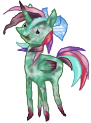 Size: 1202x1630 | Tagged: safe, artist:saby, derpibooru import, oc, oc:zhorse, alicorn, pony, 2020 community collab, derpibooru community collaboration, abomination, alicorn oc, ambiguous gender, bow, colored wings, colored wingtips, dot eyes, hair bow, horn, horse heresy, multicolored hair, simple background, smiling, solo, standing, stylistic suck, transparent background, what has magic done, wings
