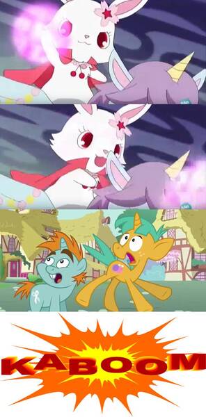 Size: 628x1273 | Tagged: safe, artist:mega-poneo, derpibooru import, edit, edited screencap, screencap, snails, snips, alicorn, pony, rabbit, unicorn, magic duel, animal, colt, comic, explosion, jewelpet, magic, male, meme, opal (jewelpet), ruby (jewelpet), sanrio, scared, screencap comic, sega, snailsabuse, snipsabuse, stallion