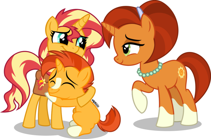 Size: 1099x727 | Tagged: safe, artist:orin331, derpibooru import, stellar flare, sunburst, sunset shimmer, pony, unicorn, absurd resolution, bag, blaze (coat marking), brother and sister, colt, family, female, foal, headband, headcanon, hug, jewelry, male, mare, mother and child, mother and daughter, mother and son, necklace, raised hoof, saddle bag, siblings, socks (coat marking), sunny siblings, teenager, trio