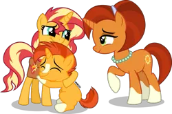 Size: 1099x727 | Tagged: safe, artist:orin331, derpibooru import, stellar flare, sunburst, sunset shimmer, pony, unicorn, absurd resolution, bag, blaze (coat marking), brother and sister, colt, family, female, foal, headband, headcanon, hug, jewelry, male, mare, mother and child, mother and daughter, mother and son, necklace, raised hoof, saddle bag, siblings, socks (coat marking), sunny siblings, teenager, trio