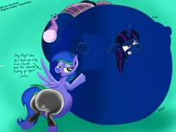 Size: 2048x1536 | Tagged: suggestive, artist:lukewarmluke, deleted from derpibooru, derpibooru import, oc, oc:felicity stars, oc:magna-save, pony, unicorn, ass, belly, big belly, blueberry inflation, butt, clothes, dialogue, duo, duo female, fat, female, inflation, large butt, magslicity, onomatopoeia, panties, pants, plot, rolling, round, simple background, sound effects, underwear, yoga pants