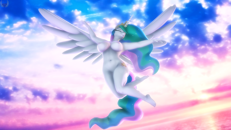 Size: 3840x2160 | Tagged: 3d, alicorn, anthro, armpits, artist:loveslove, beautiful, beautisexy, belly button, breasts, busty princess celestia, derpibooru import, eyes closed, female, flying, nipples, nudity, plantigrade anthro, praise the sun, princess celestia, questionable, sky, solo, solo female, source filmmaker, sunset