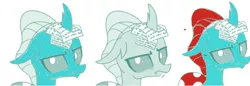 Size: 684x234 | Tagged: artist:gooeybird, artist:sintakhra, blue changeling, changedling, changeling, colored, color edit, comparison, cropped, derpibooru import, edit, female, looking at you, ocellus, ocellus is not amused, photo, post-it, red hair, safe, side by side, unamused, writing