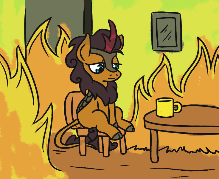 Size: 1070x874 | Tagged: artist:jargon scott, chair, derpibooru import, fire, frown, kirin, lidded eyes, looking down, male, meme, mug, ponified meme, pumpkin smoke, sad, safe, sitting, solo, table, this is fine