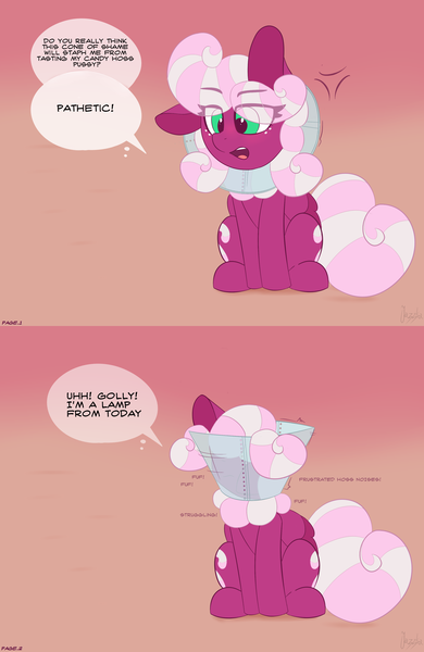 Size: 2600x4000 | Tagged: suggestive, artist:jazzka, derpibooru import, oc, oc:comet, unofficial characters only, pegasus, pony, 2 panel comic, addiction, adorable face, angry, both cutie marks, clumsy, collar, comic, cone, cute, descriptive noise, dirty talk, elizabethan collar, female, fluffy, freckles, frustrated, funny, horse noises, implied autocunnilingus, irritated, its a trap!, lamp, lisp, meme, meme origin, naughty, not cheerilee, ocbetes, punishment, silly, silly face, silly pony, simple background, solo, solo female, text, trapped