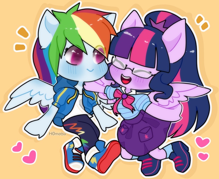Size: 2048x1672 | Tagged: safe, artist:h0matsu, derpibooru import, rainbow dash, sci-twi, twilight sparkle, equestria girls, bowtie, clothes, converse, duo, female, glasses, heart, jacket, lesbian, open mouth, pants, ponied up, pony ears, ponytail, scitwidash, shipping, shoes, simple background, skirt, twidash, wings