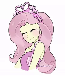 Size: 900x1049 | Tagged: safe, artist:h0matsu, derpibooru import, fluttershy, costume conundrum, equestria girls, equestria girls series, spoiler:choose your own ending (season 2), spoiler:eqg series (season 2), clothes, costume conundrum: rarity, cute, dress, eyes closed, jewelry, princess fluttershy, shyabetes, simple background, sleeveless, solo, tiara, white background