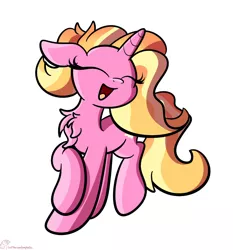 Size: 1280x1372 | Tagged: safe, artist:kimjoman, derpibooru import, luster dawn, pony, the last problem, chest fluff, cute, eyes closed, happy, lusterbetes, simple background, solo, white background