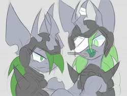 Size: 1600x1200 | Tagged: safe, artist:k_clematis, derpibooru import, changeling queen oc, oc, oc:clematis, unofficial characters only, changeling, changeling queen, pony, armor, bandage, duo, female, green changeling, hair over one eye, helmet, smiling