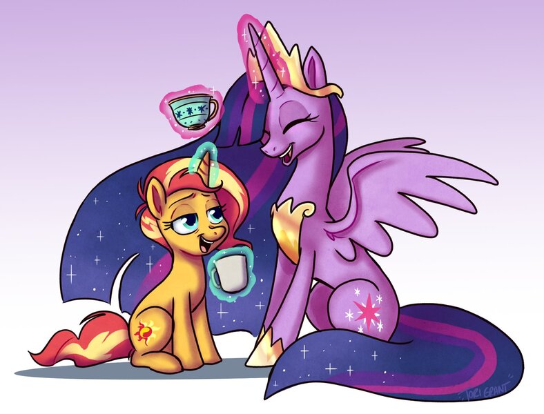 Size: 2048x1559 | Tagged: safe, artist:ohjeetorig, derpibooru import, princess twilight 2.0, sunset shimmer, twilight sparkle, twilight sparkle (alicorn), alicorn, pony, unicorn, the last problem, cup, duo, eyes closed, female, gradient background, magic, mare, mug, official fan art, older, older sunset, older twilight, teacup, telekinesis