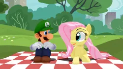 Size: 640x360 | Tagged: safe, artist:hugosanchez2000, derpibooru import, fluttershy, human, pegasus, pony, 3d, barely pony related, crossover, crossover shipping, female, luigi, luigishy, male, mmd, nintendo, park, picnic, picnic blanket, shipping, straight, super mario bros.