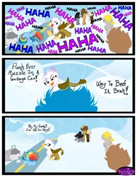 Size: 3500x4500 | Tagged: safe, artist:becauseimpink, derpibooru import, dumbbell, gilda, hoops, quarterback, rainbow dash, gryphon, comic:transition, colt, comic, dialogue, dumb belle, female, filly, filly rainbow dash, guilder, implied butterscotch, laughing, male, offscreen character, rule 63, transgender, younger