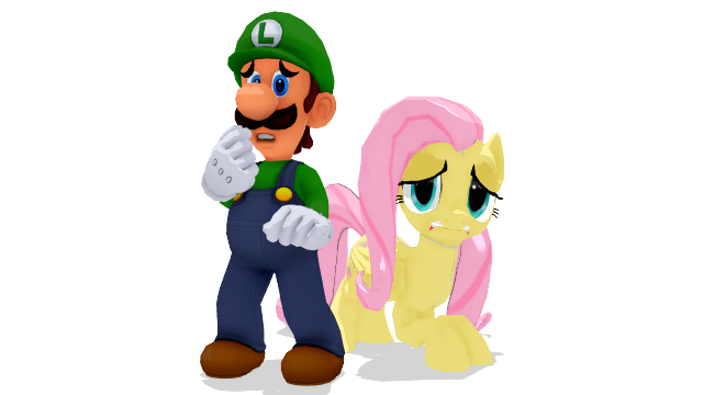 Size: 640x360 | Tagged: safe, artist:hugosanchez2000, derpibooru import, fluttershy, human, pegasus, pony, 3d, barely pony related, crossover, crossover shipping, female, luigi, luigishy, male, mmd, nintendo, scared, shipping, straight, super mario bros., terrified