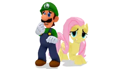 Size: 640x360 | Tagged: safe, artist:hugosanchez2000, derpibooru import, fluttershy, human, pegasus, pony, 3d, barely pony related, crossover, crossover shipping, female, luigi, luigishy, male, mmd, nintendo, scared, shipping, straight, super mario bros., terrified