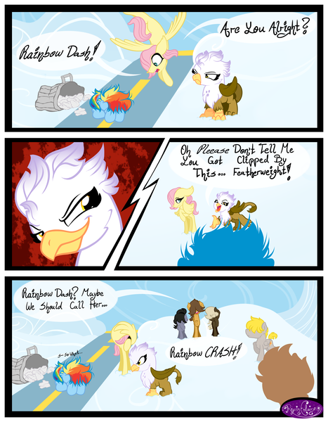 Size: 3500x4500 | Tagged: safe, artist:becauseimpink, derpibooru import, dumbbell, fluttershy, gilda, hoops, quarterback, rainbow dash, gryphon, comic:transition, butterscotch, colt, comic, dialogue, dumb belle, female, filly, filly fluttershy, filly rainbow dash, flying, guilder, male, rule 63, smiling, smirk, transgender, trash can, younger