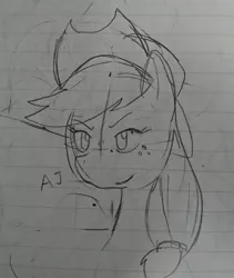 Size: 1080x1277 | Tagged: safe, artist:omegapony16, derpibooru import, applejack, earth pony, pony, bust, female, freckles, hat, lineart, lined paper, mare, smiling, smirk, solo, text, traditional art