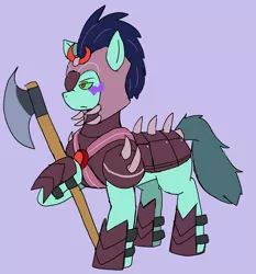 Size: 1907x2048 | Tagged: safe, artist:omegapony16, derpibooru import, oc, oc:oriponi, earth pony, pony, alternate timeline, armor, axe, battle axe, crystal war timeline, female, helmet, hoof hold, mare, mind control, raised hoof, simple background, solo, sombra eyes, sombra soldier, weapon