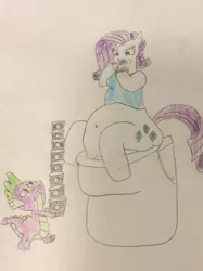 Size: 772x1034 | Tagged: safe, artist:snipiper, derpibooru import, rarity, spike, pony, but why, food, ice cream, stuck, toilet, traditional art