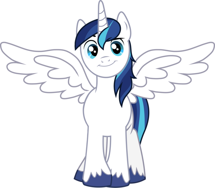 Size: 2578x2251 | Tagged: safe, artist:chainchomp2 edit, derpibooru import, edit, edited edit, vector edit, shining armor, alicorn, pony, alicornified, cocked eyebrow, cute, looking at you, male, outstretched wings, prince shining armor, race swap, shining adorable, shiningcorn, simple background, smiling, solo, stallion, transparent background, unshorn fetlocks, vector, wings