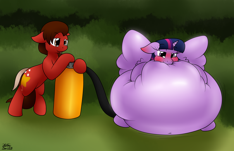 Size: 3129x2015 | Tagged: questionable, artist:the-furry-railfan, derpibooru import, twilight sparkle, twilight sparkle (alicorn), oc, oc:pop star, alicorn, earth pony, belly, big belly, blushing, blushing ears, blushing profusely, forest, helium tank, hose, inflated wings, inflation, squishy, wings