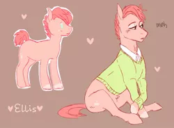 Size: 1024x755 | Tagged: safe, artist:trashscoot, derpibooru import, oc, oc:ellis, unofficial characters only, earth pony, pony, beauty mark, blank flank, blushing, brown background, heart, lidded eyes, male, simple background, sitting, solo, stallion, sweater vest