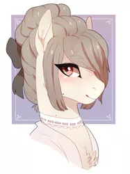 Size: 773x1034 | Tagged: safe, artist:trashscoot, derpibooru import, oc, oc:rosemarie, unofficial characters only, pony, abstract background, blushing, bow, bust, chest fluff, classy, clothes, collar, commission, ear fluff, eye clipping through hair, female, freckles, hair bow, hair bun, looking at you, mare, smiling, solo