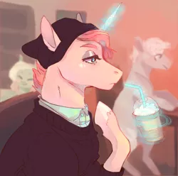 Size: 724x719 | Tagged: safe, artist:trashscoot, derpibooru import, oc, oc:ellis, unofficial characters only, pony, unicorn, beanie, beauty mark, cafe, clothes, drink, eyeshadow, frown, glowing horn, hat, heart, horn, lidded eyes, magic, makeup, raised hoof, shirt, solo, straw, sweater, telekinesis