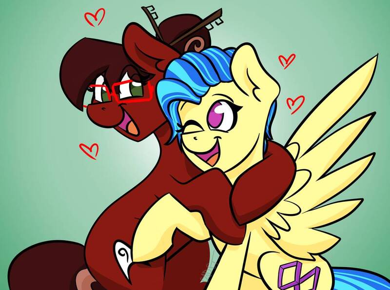 Size: 1036x771 | Tagged: safe, artist:cadetredshirt, derpibooru import, oc, oc:cadetpone, oc:koa, unofficial characters only, earth pony, pegasus, pony, chopsticks, chopsticks in hair, female, glasses, hair bun, hug, lesbian, looking at each other, oc x oc, shipping, simple background, smiling