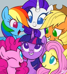 Size: 4500x5000 | Tagged: safe, artist:mn27, derpibooru import, applejack, fluttershy, pinkie pie, rainbow dash, rarity, twilight sparkle, twilight sparkle (alicorn), alicorn, earth pony, pegasus, pony, unicorn, bust, cute, female, gray background, looking at each other, mane six, mare, no pupils, one eye closed, open mouth, portrait, simple background, smiling, wink
