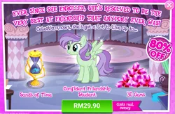 Size: 1029x676 | Tagged: safe, derpibooru import, violet twirl, pegasus, pony, advertisement, costs real money, friendship student, gameloft, gem, sale, sands of time