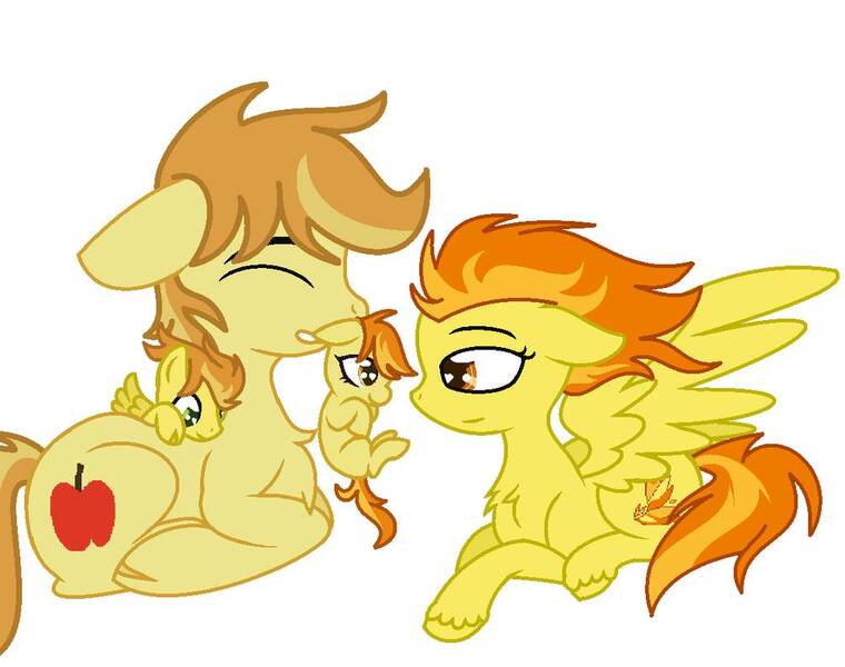 Size: 1006x794 | Tagged: safe, artist:emberskydragon, derpibooru import, braeburn, spitfire, oc, pony, base used, colt, family, female, filly, male, offspring, parent:braeburn, parent:spitfire, parents:spitburn, scruff, shipping, simple background, spitburn, straight, white background