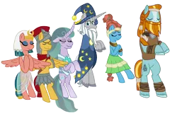 Size: 1104x724 | Tagged: safe, artist:alexeigribanov, derpibooru import, flash magnus, meadowbrook, mistmane, rockhoof, somnambula, star swirl the bearded, earth pony, pegasus, pony, unicorn, eyes closed, female, male, mare, pillars of equestria, simple background, stallion, transparent background