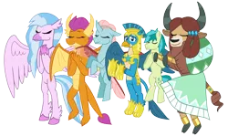 Size: 1156x691 | Tagged: safe, artist:alexeigribanov, derpibooru import, gallus, ocellus, sandbar, silverstream, smolder, yona, changedling, changeling, classical hippogriff, dragon, earth pony, gryphon, hippogriff, pony, yak, the last problem, armor, bow, cloven hooves, colored hooves, dragoness, female, hair bow, helmet, jewelry, male, monkey swings, necklace, older, older gallus, older ocellus, older sandbar, older silverstream, older smolder, older yona, royal guard gallus, simple background, stallion, student six, transparent background
