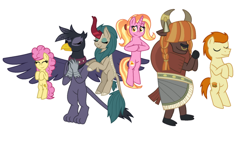 Size: 1130x707 | Tagged: safe, artist:alexeigribanov, derpibooru import, gallop j. fry, georgia (character), li'l cheese, luster dawn, river song (character), yelena, earth pony, gryphon, kirin, pony, unicorn, yak, the last problem, future six, older, older gallop j. fry, simple background, transparent background