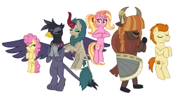 Size: 1130x707 | Tagged: safe, artist:alexeigribanov, derpibooru import, gallop j. fry, georgia (character), li'l cheese, luster dawn, river song (character), yelena, earth pony, gryphon, kirin, pony, unicorn, yak, the last problem, future six, older, older gallop j. fry, simple background, transparent background
