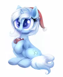 Size: 833x1024 | Tagged: safe, artist:confetticakez, derpibooru import, part of a set, oc, oc:eula phi, unofficial characters only, pony, unicorn, chocolate, christmas, commission, cute, female, food, hat, holiday, hot chocolate, mare, ocbetes, santa hat, simple background, sitting, solo, white background, ych result