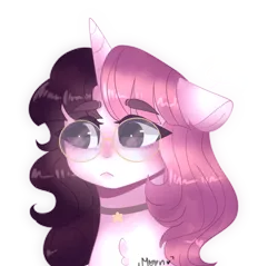 Size: 1280x1225 | Tagged: safe, artist:moon-rose-rosie, derpibooru import, oc, oc:valentina, unofficial characters only, pony, unicorn, bust, chest fluff, collar, female, floppy ears, glasses, mare, simple background, solo, stars, transparent background, two toned mane