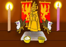 Size: 1057x756 | Tagged: safe, artist:horsesplease, derpibooru import, gilda, gryphon, candle, cup, flag, food, idol, rabydosverse, rice, sarmelonid, shrine, toy, vozonid, zomjonōr