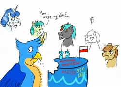 Size: 1057x756 | Tagged: artist:horsesplease, birthday cake, birthday gift art, bone, cake, derpibooru import, doggie favor, double diamond, feather bangs, flag, food, gallus, gallus the rooster, happy birthday, oc, oc:morning hope, party favor, polish, safe, sandbar