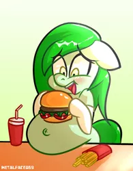 Size: 2340x3000 | Tagged: safe, artist:metalface069, derpibooru import, oc, oc:salad dressing, unofficial characters only, earth pony, belly, belly button, big belly, burger, commission, fat, food, gut rest, hamburger, meat, ponies eating meat, ych result