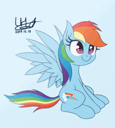 Size: 1000x1111 | Tagged: safe, artist:livehotsun, derpibooru import, rainbow dash, pegasus, pony, animated, blinking, blue background, cute, dashabetes, eye, eye shimmer, female, gif, happy, mare, signature, simple background, sitting, smiling, solo, spread wings, tail, tail whip, wings