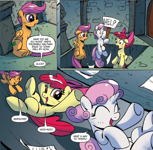 Size: 1331x1302 | Tagged: safe, artist:ponygoddess, derpibooru import, idw, apple bloom, scootaloo, sweetie belle, earth pony, pegasus, pony, unicorn, friends forever, spoiler:comic, spoiler:comicff16, click, cute, cutie mark crusaders, female, filly, help, sign, slide, this will end in tears and/or death and/or covered in tree sap