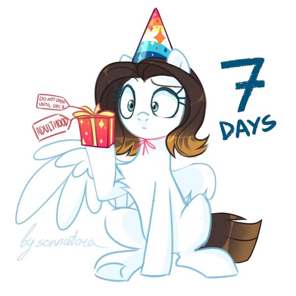 Size: 949x947 | Tagged: safe, artist:sonnatora, derpibooru import, oc, unofficial characters only, pegasus, pony, chest fluff, confused, hat, party hat, present, solo, underhoof