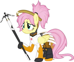 Size: 2427x2040 | Tagged: alternate hairstyle, artist:anime-equestria, blushing, boots, clothes, crossover, cute, derpibooru import, female, fluttershy, hairband, halo, happy, mercy, mercyshy, overwatch, pegasus, ponytail, safe, shiny, shoes, shyabetes, simple background, smiling, solo, staff, transparent background, vector, wings